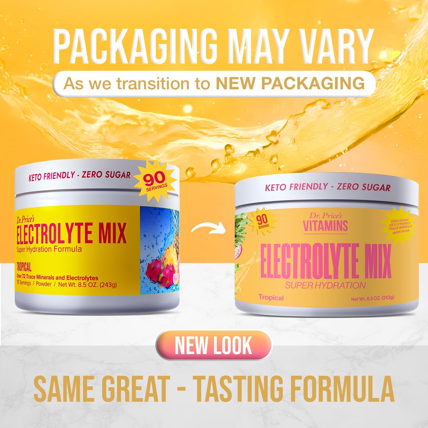 Dr. Price's Electrolyte Powder Mix - No Sugar, Keto-Friendly Hydration Drink - Non-GMO - Gluten Free - 90 Servings - Tropical Flavor