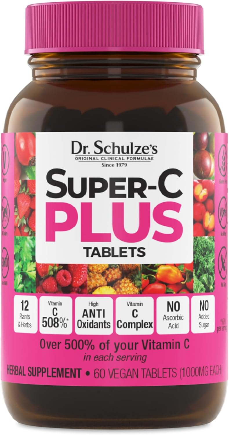Dr. Schulze's Super-C Plus Chewable Tablets - 1000 mg Vitamin C Complex for Immunity Support & Collagen Formation, 60 Count