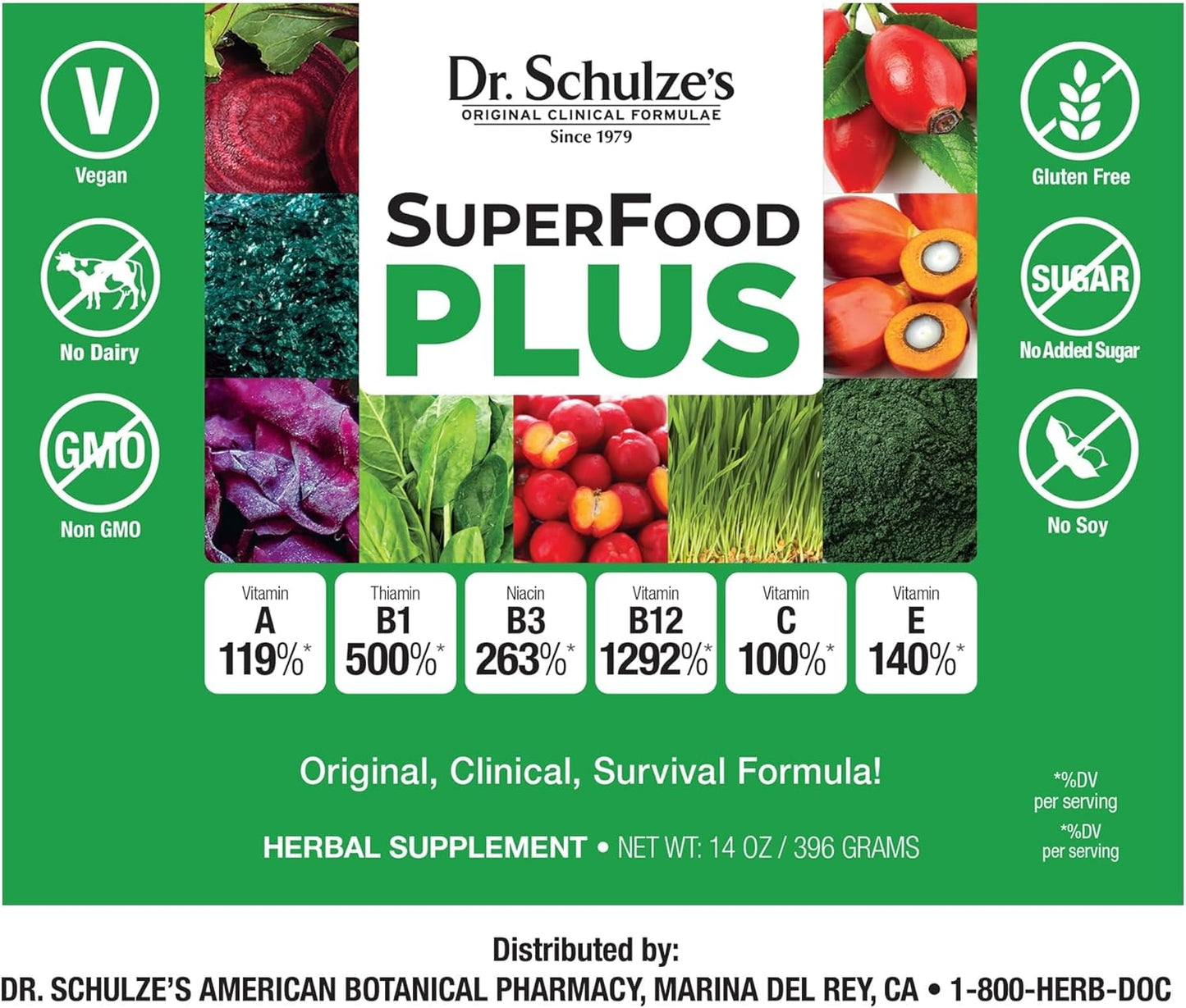 Dr. Schulze's SuperFood Plus Herbal Concentrate - Daily Nutrition, Vitamin & Mineral Blend - Gluten-Free, Non-GMO, Vegan - 2-Pack, 14 oz Powder