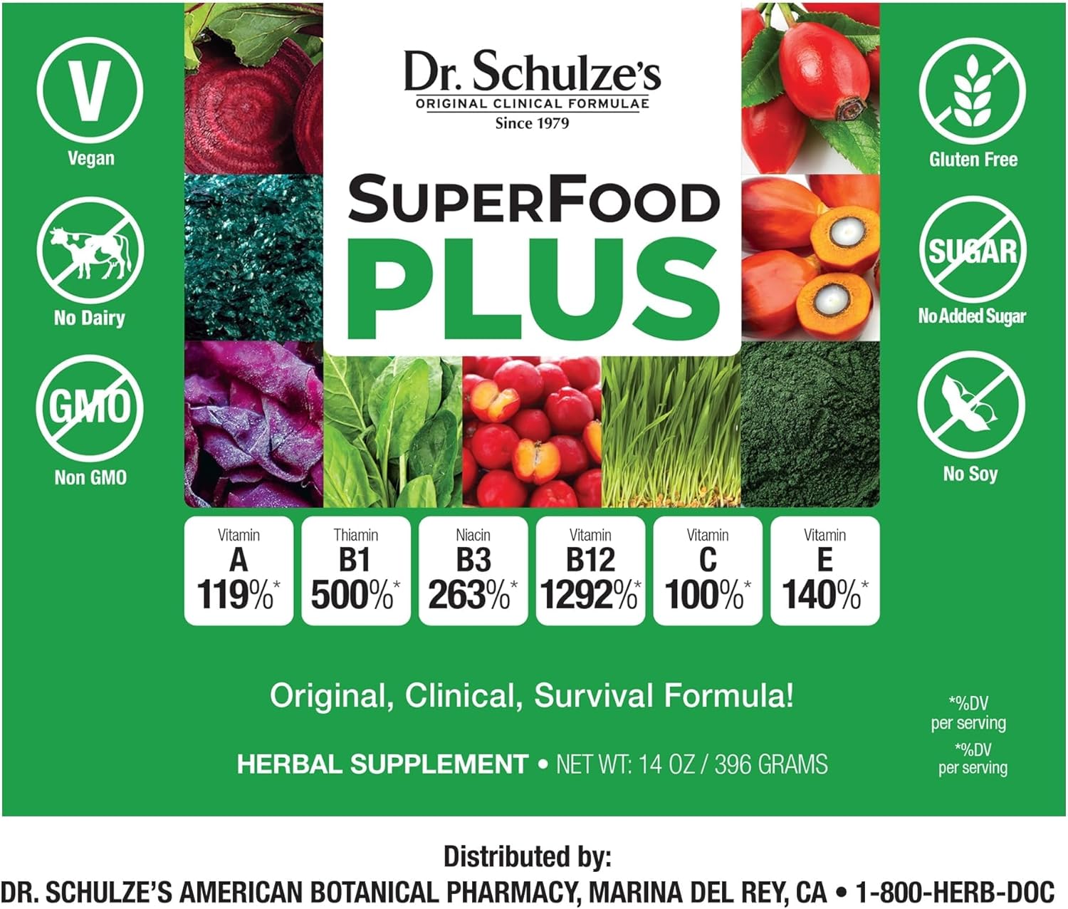 Dr. Schulze's SuperFood Plus Herbal Concentrate - Daily Nutrition, Vitamin & Mineral Blend - Gluten-Free, Non-GMO, Vegan - 2-Pack, 14 oz Powder