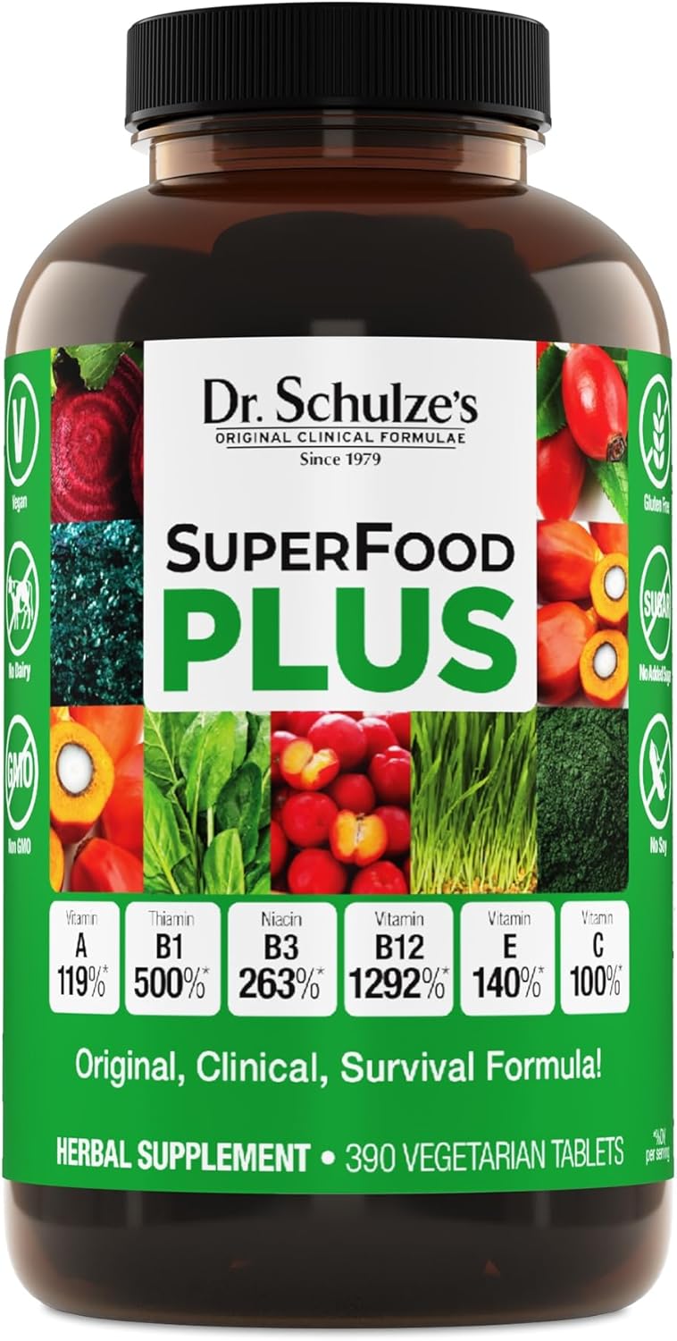 Dr. Schulze's SuperFood Plus Tablets - Herbal Concentrate for Daily Nutrition & Energy - Gluten-Free, Non-GMO, Vegan - 390 Tabs