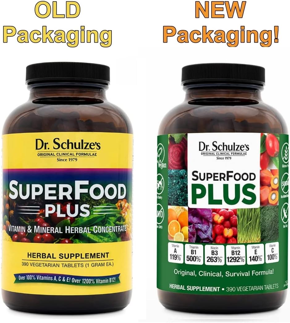 Dr. Schulze's SuperFood Plus Tablets - Herbal Concentrate for Daily Nutrition & Energy - Gluten-Free, Non-GMO, Vegan - 390 Tabs
