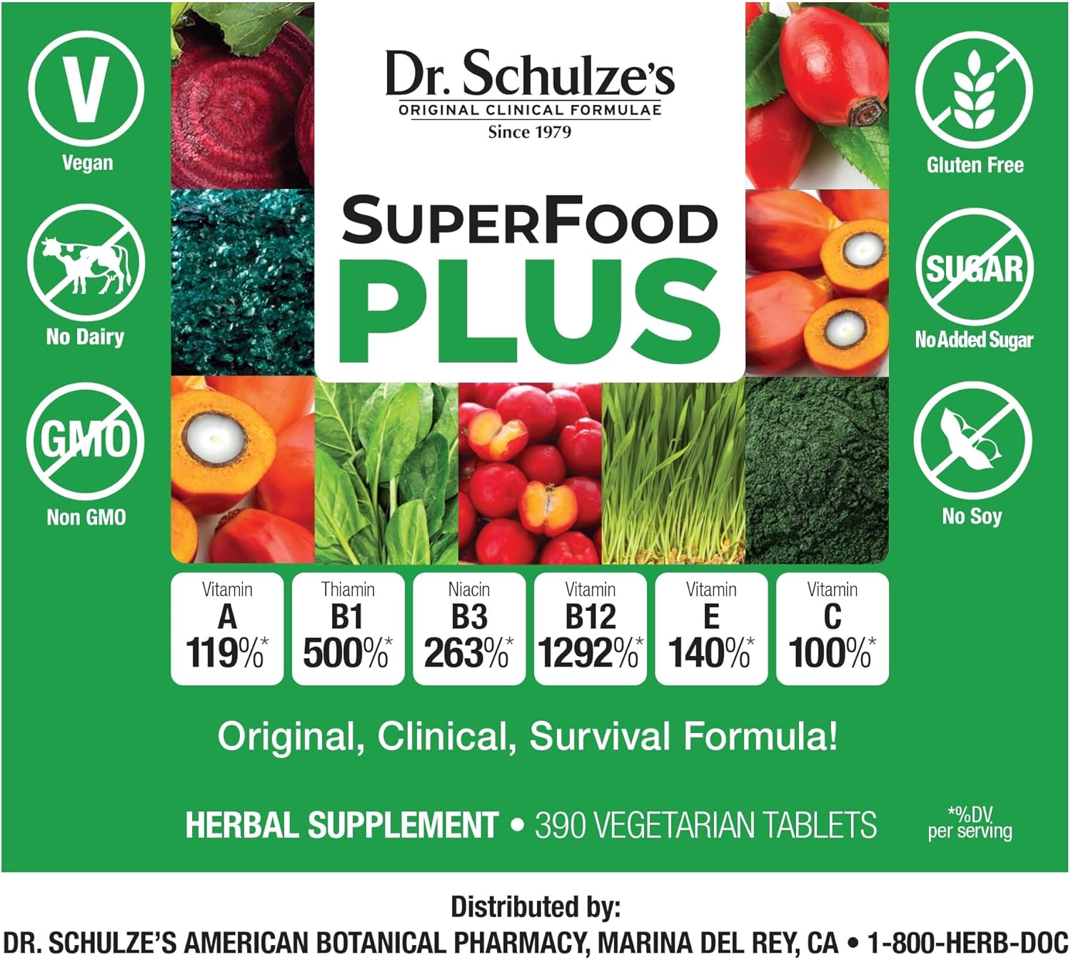 Dr. Schulze's SuperFood Plus Tablets - Herbal Concentrate for Daily Nutrition & Energy - Gluten-Free, Non-GMO, Vegan - 390 Tabs