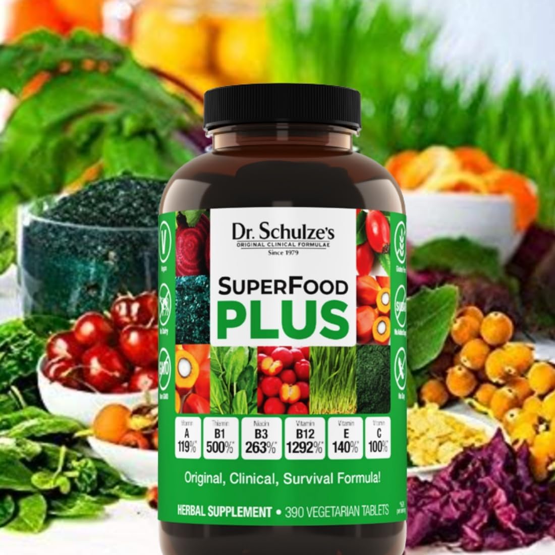Dr. Schulze's SuperFood Plus Tablets - Herbal Concentrate for Daily Nutrition & Energy - Gluten-Free, Non-GMO, Vegan - 390 Tabs