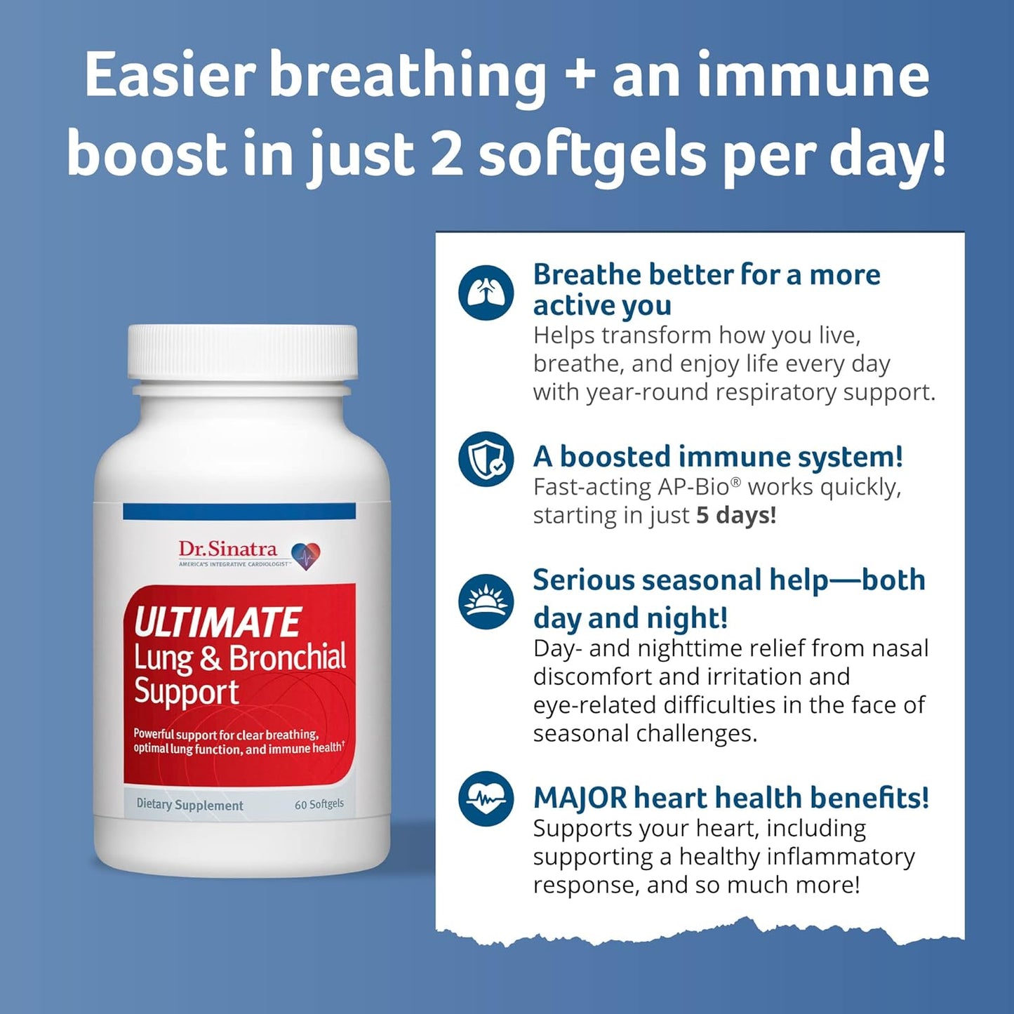 Dr. Sinatra Lung & Bronchial Support Supplement for Clear Breathing, Immune & Heart Health - 60 Capsules