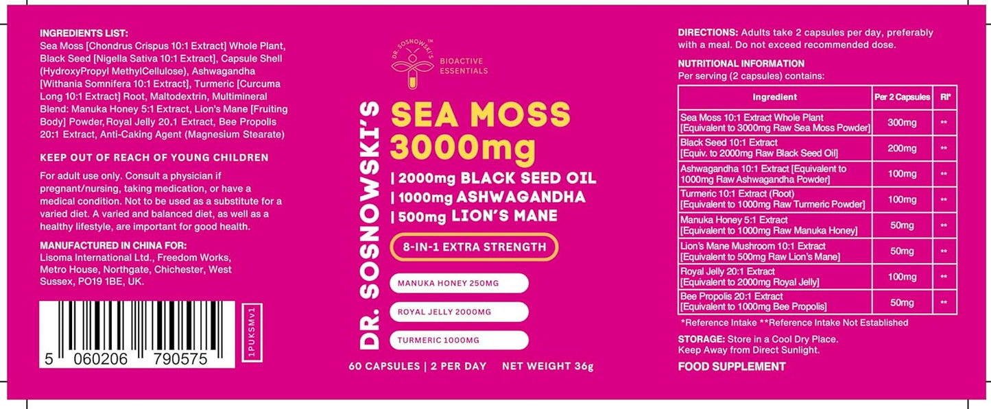 Dr Sosnowski's BioActive Seamoss 8-in-1 Formula Capsules with Powerful Herbal Extracts | 60 Capsules