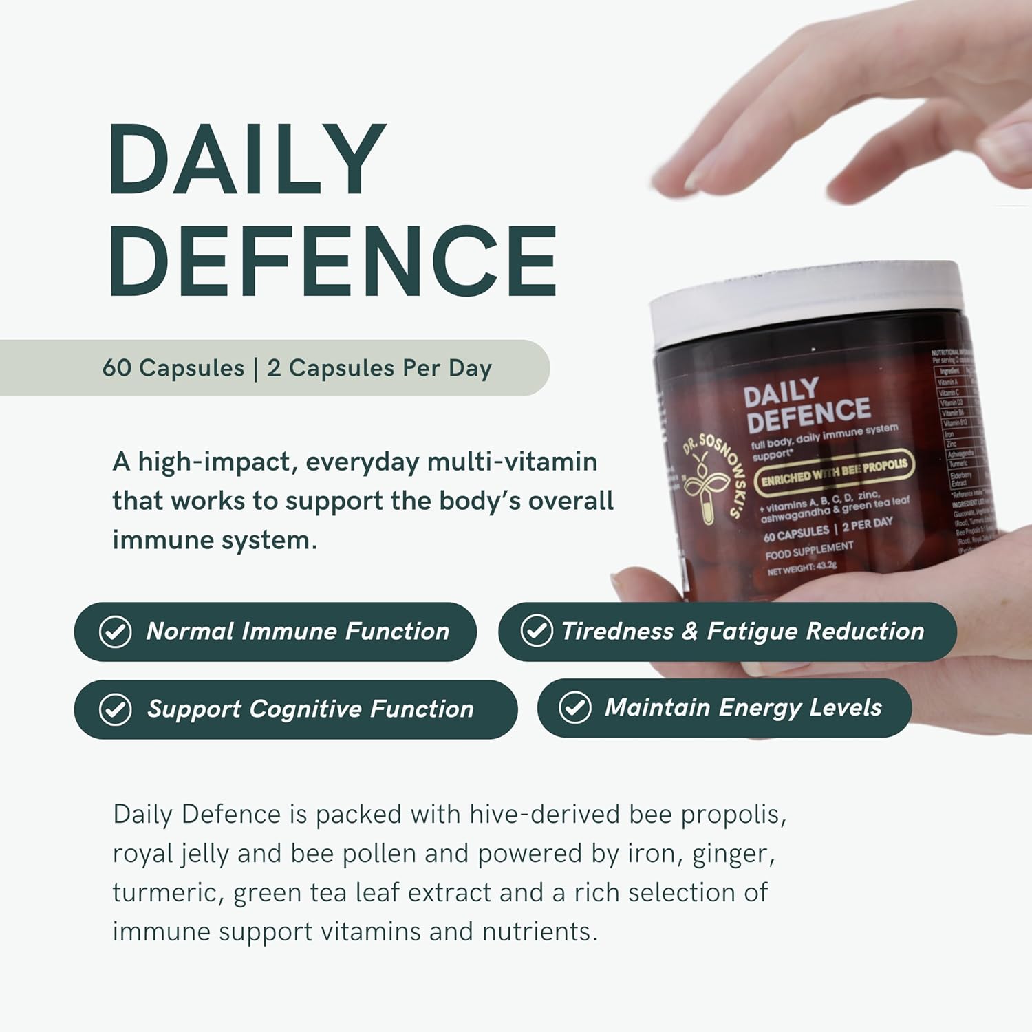 Dr Sosnowski's Daily Defence Immunity Supplements with Bee Propolis, Pollen & Royal Jelly - 60 Vegetable Capsules