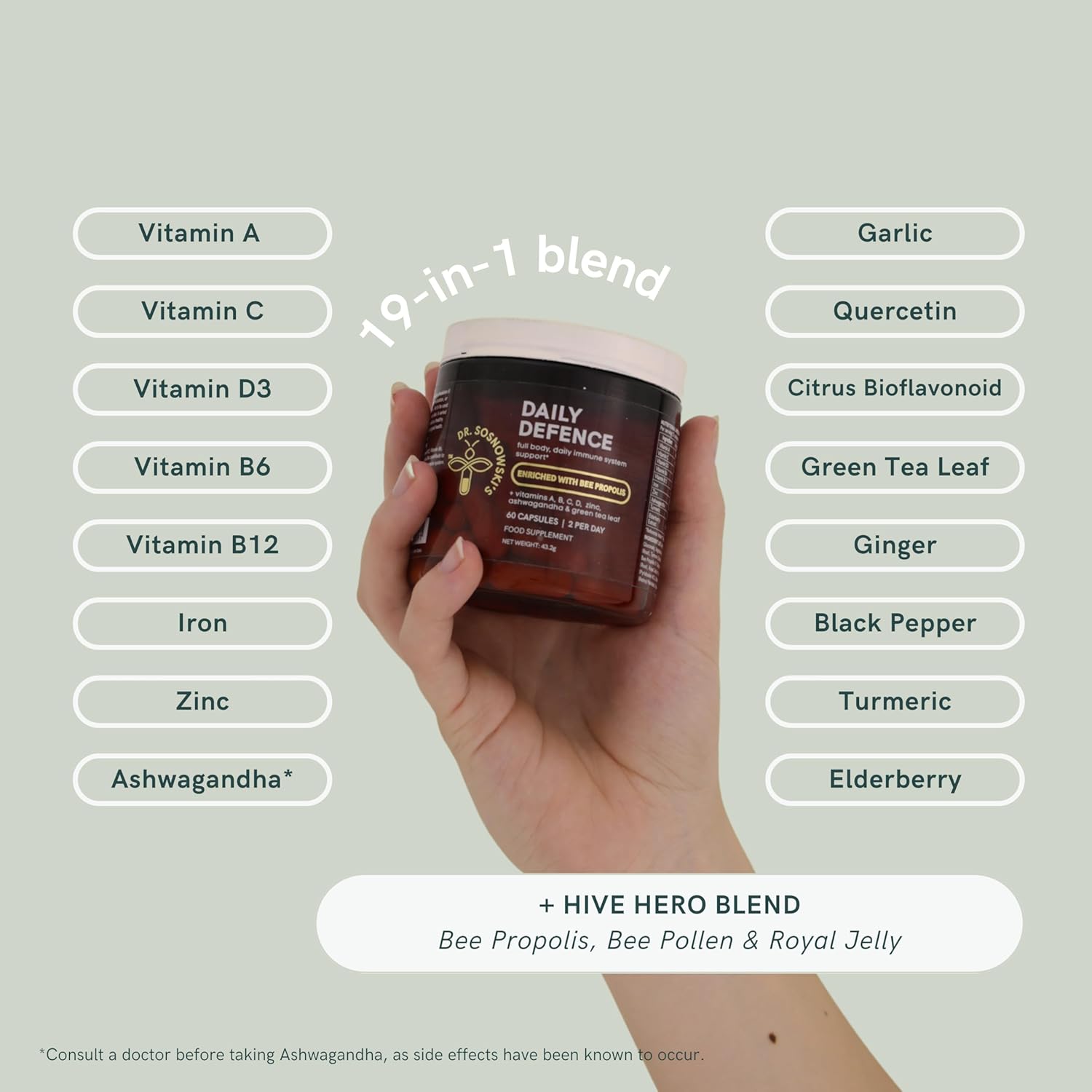 Dr Sosnowski's Daily Defence Immunity Supplements with Bee Propolis, Pollen & Royal Jelly - 60 Vegetable Capsules