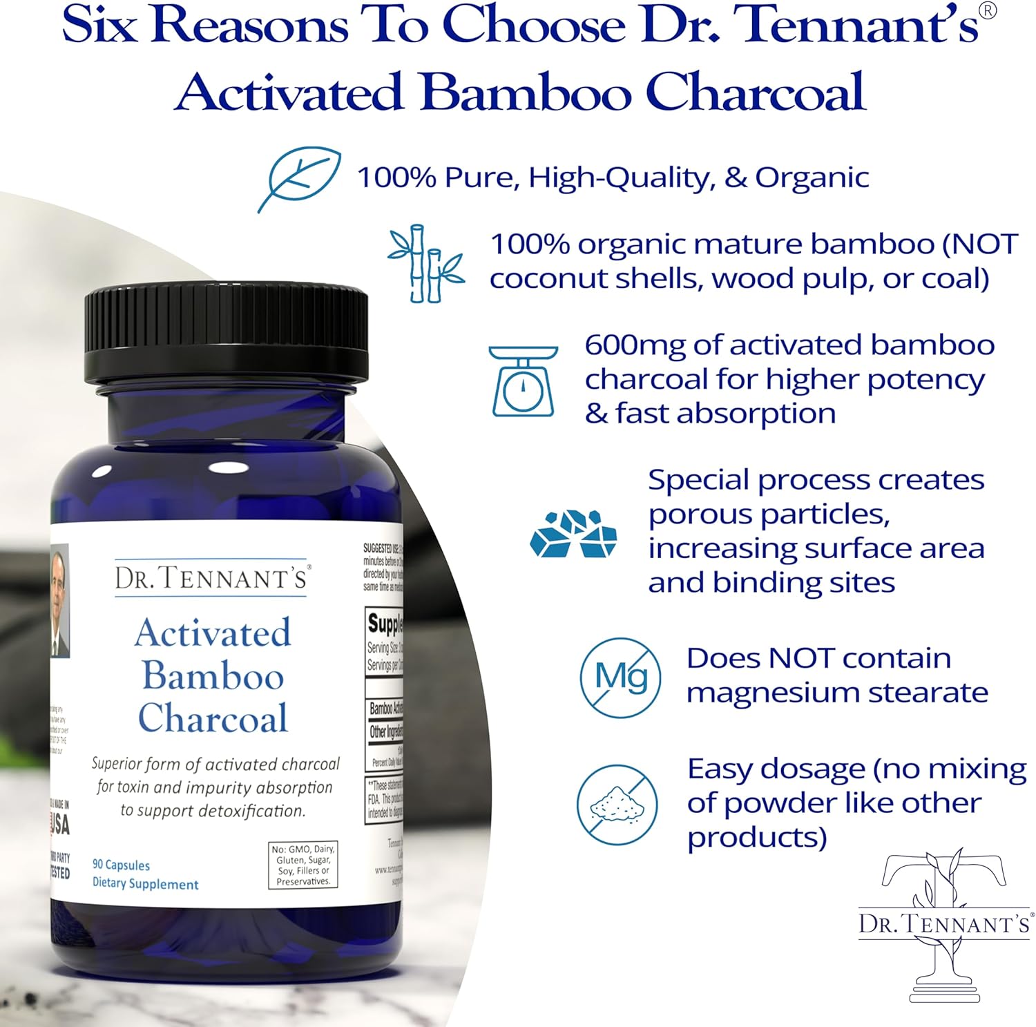 Dr. Tennant's Activated Bamboo Charcoal for Detox & Toxin Removal in GI Tract, Travel-Friendly & Promotes Healthy Digestion