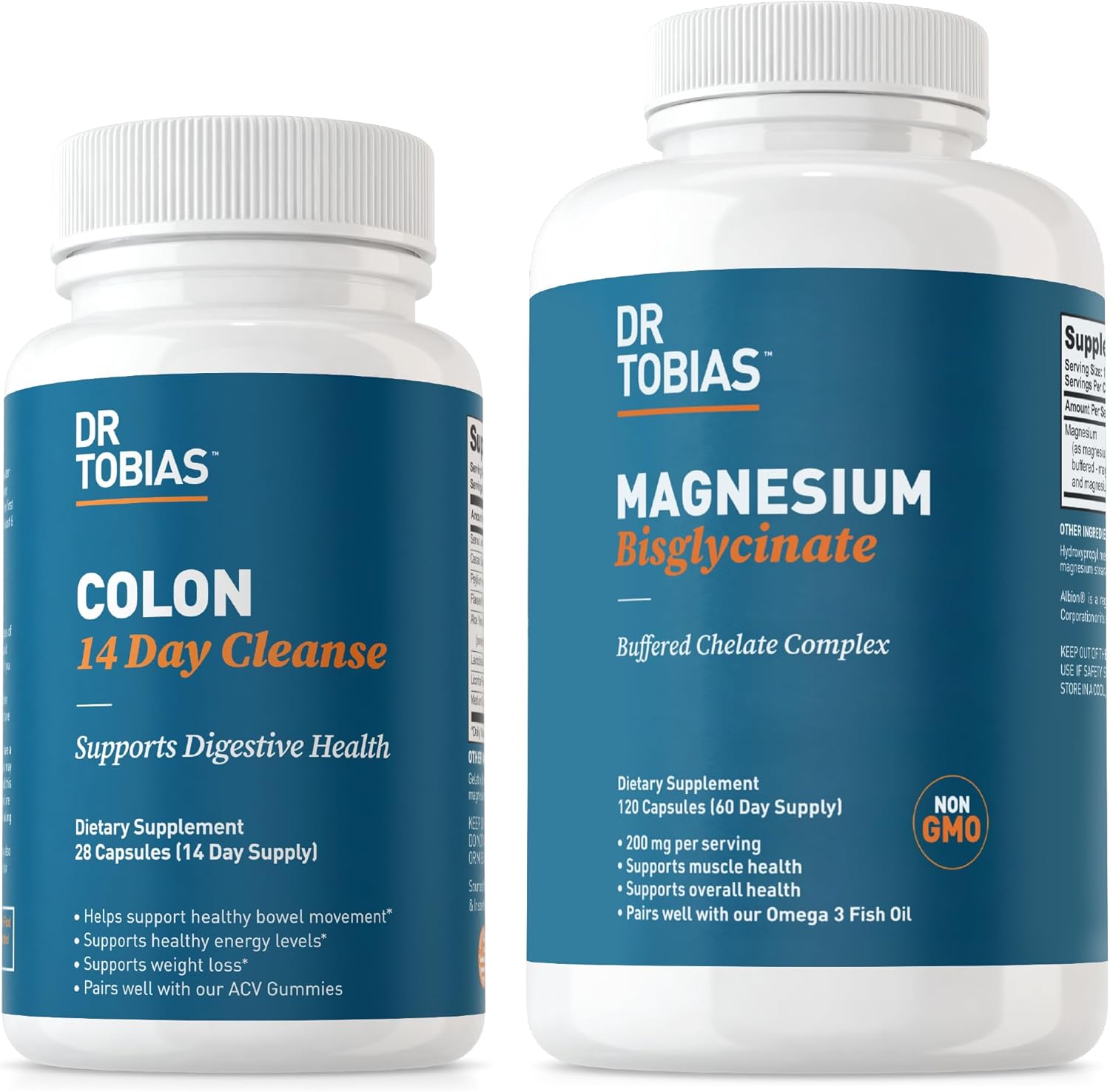 Dr. Tobias 14 Day Colon Cleanse & Magnesium Bisglycinate Supplement with Fiber, Herbs, Probiotics - Supports Gut Health, Energy, Muscle, Bone & Joint - Non-GMO