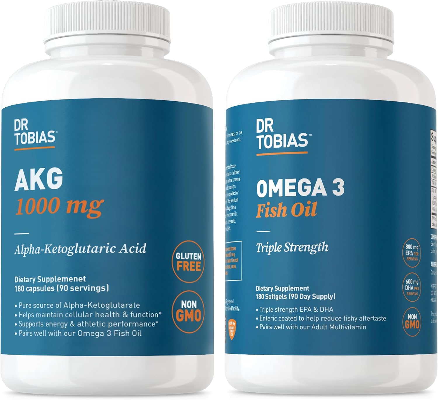 Dr. Tobias AKG Supplement and Omega 3 Fish Oil for Cellular Energy and Health, Non-GMO Triple-Strength EPA & DHA