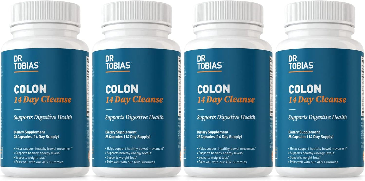 Dr. Tobias Colon Cleanse Detox - 14 Day Advanced Gut Cleanse for Women & Men, Non-GMO with Probiotics, Psyllium Husk, Senna Leaf - 4 Bottles, 28 Capsules Each