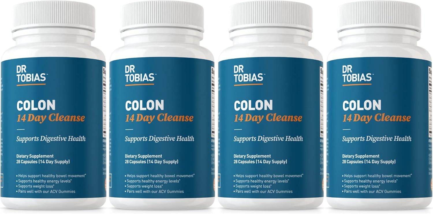 Dr. Tobias Colon Cleanse Detox - 14 Day Advanced Gut Cleanse for Women & Men, Non-GMO with Probiotics, Psyllium Husk, Senna Leaf - 4 Bottles, 28 Capsules Each