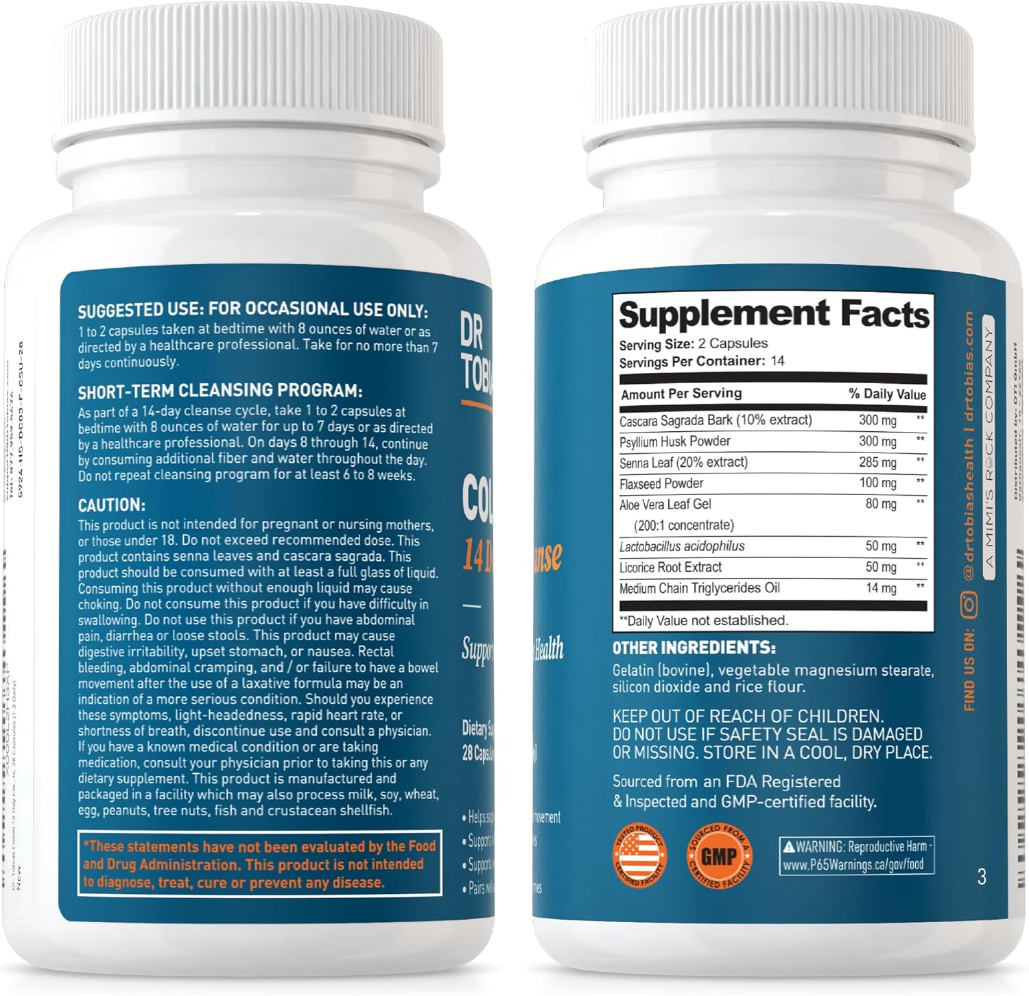 Dr. Tobias Colon Cleanse Detox - 14 Day Advanced Gut Cleanse for Women & Men, Non-GMO with Probiotics, Psyllium Husk, Senna Leaf - 4 Bottles, 28 Capsules Each