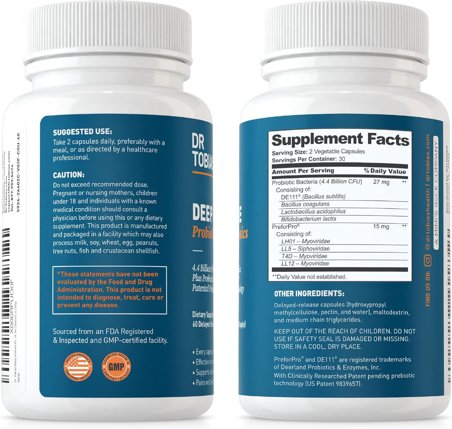 Dr. Tobias Deep Immune Probiotics & Prebiotics with Psyllium - Daily Fiber Supplement for Colon Health - 4.4 Billion CFU - Supports Digestive & Gut Immune Function