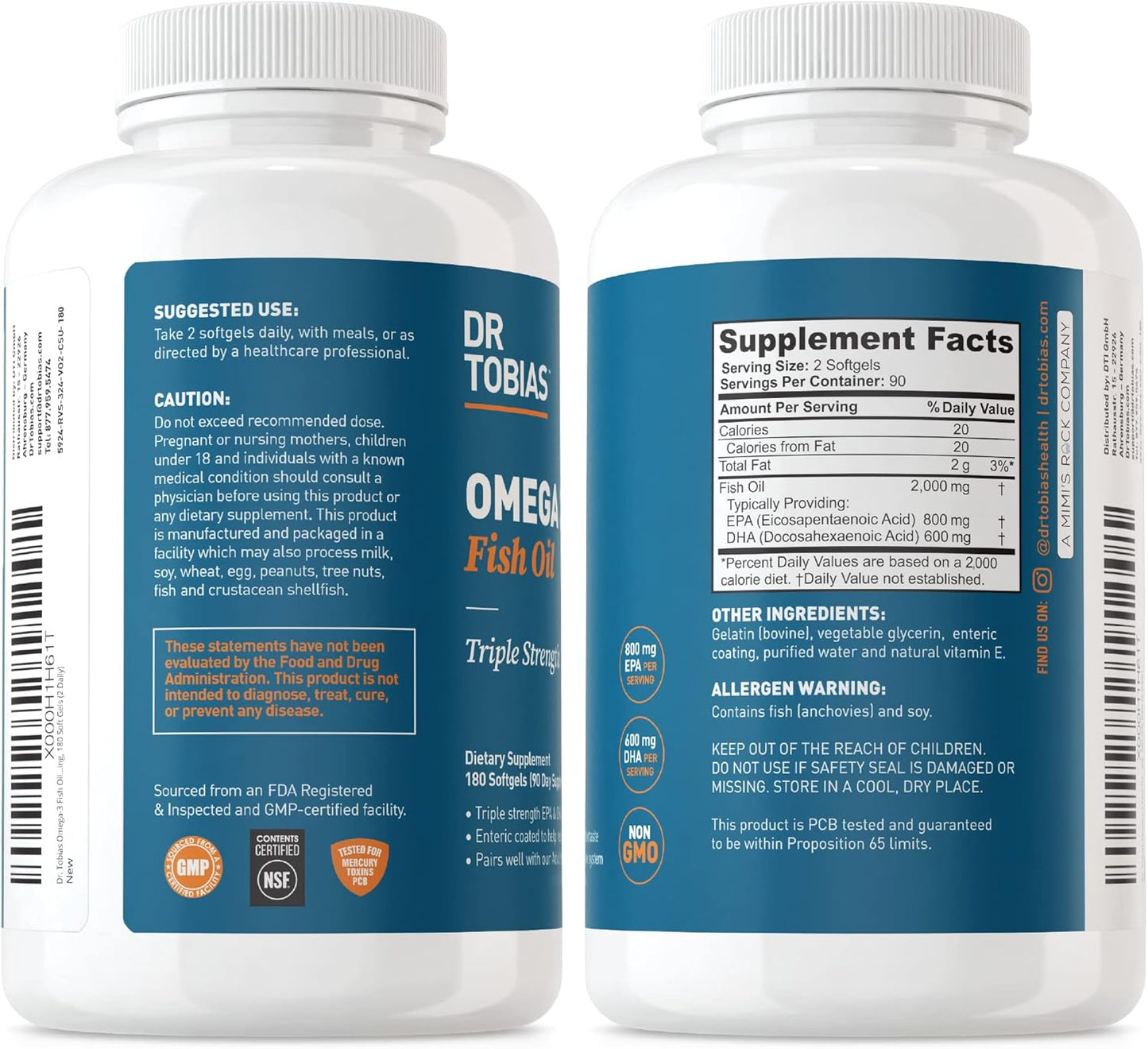 Dr. Tobias Omega 3 Fish Oil with Digestive Enzymes, Probiotics, Prebiotics - Supports Heart, Brain, Immune Function, Gut Health & Digestion, Non-GMO