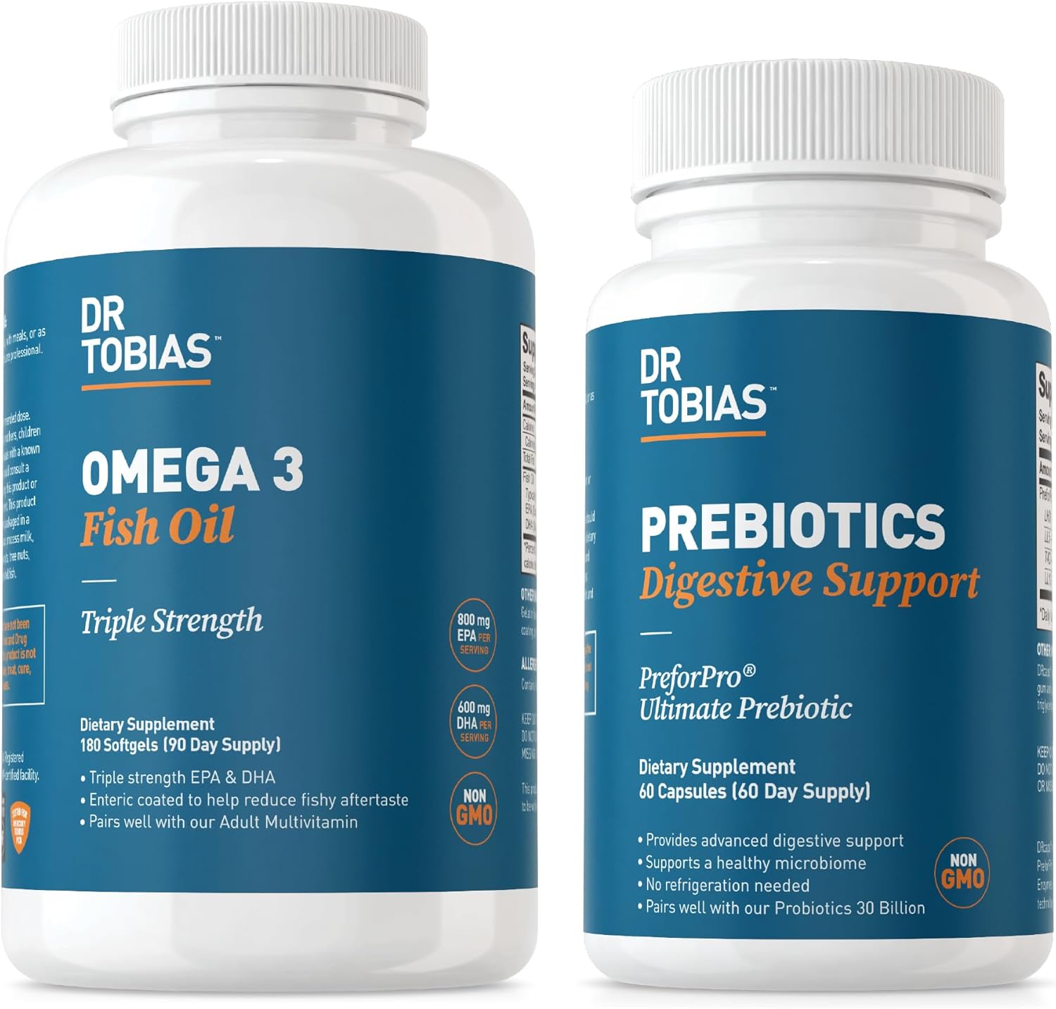 Dr. Tobias Prebiotics and Omega 3 Fish Oil - Promotes Gut Health, Digestion, and Immune Support - Non-GMO Formula for Wellness