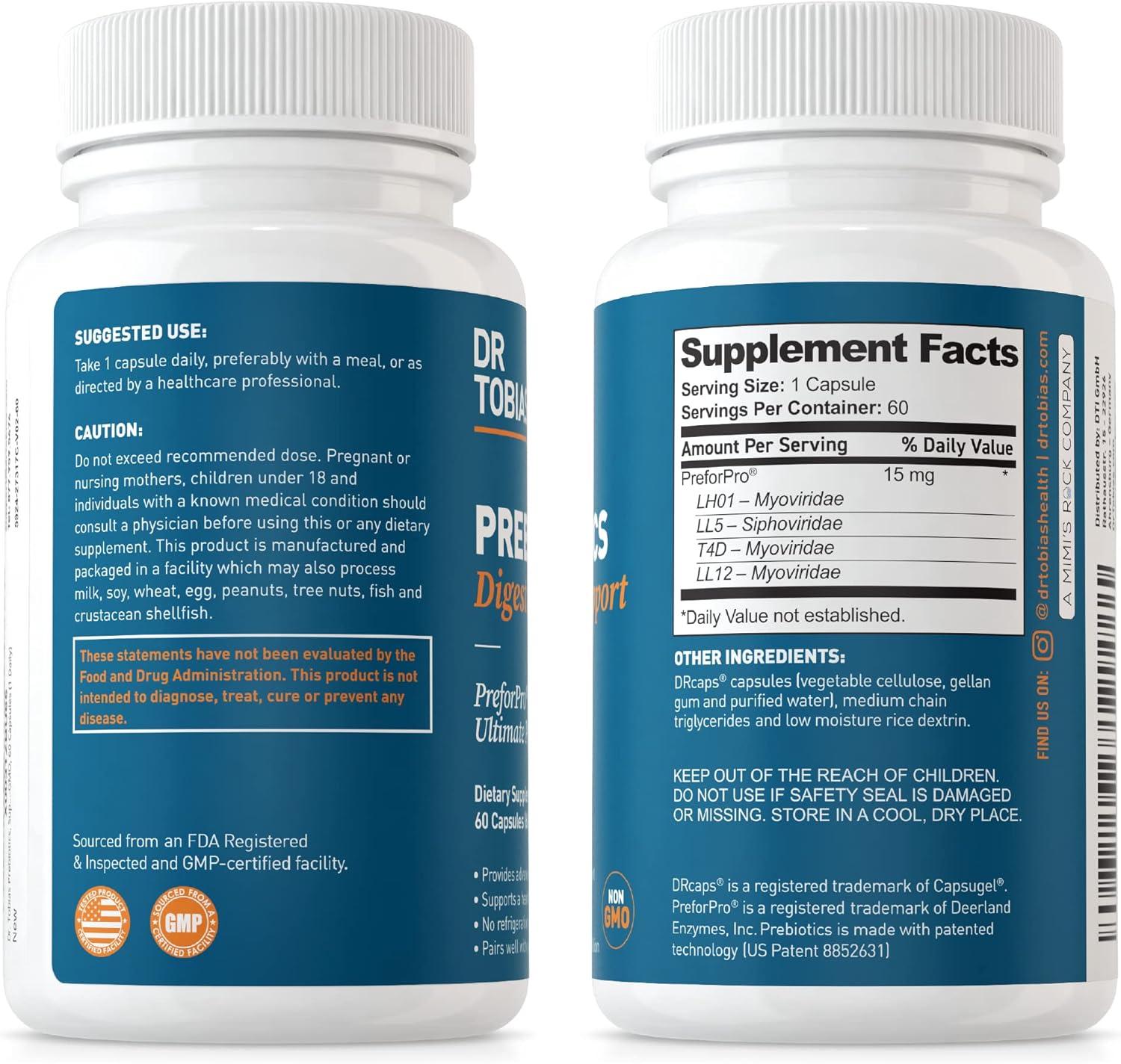 Dr. Tobias Prebiotics and Omega 3 Fish Oil - Promotes Gut Health, Digestion, and Immune Support - Non-GMO Formula for Wellness