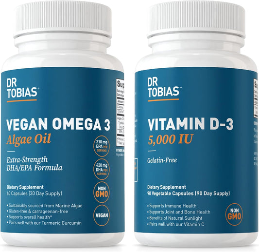 Dr. Tobias Vegan Algae Oil with Vitamin D3 - Essential Nutrients for Brain, Heart, Bones, Immune System & Wellness