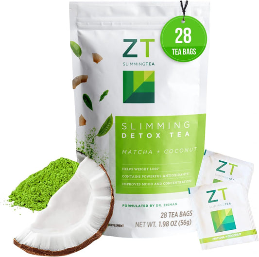 Dr. Zisman ZT Slimming Matcha-Coconut Detox Tea - 28 Tea Bags for Weight Management, Antioxidant Benefits, Mood Enhancement