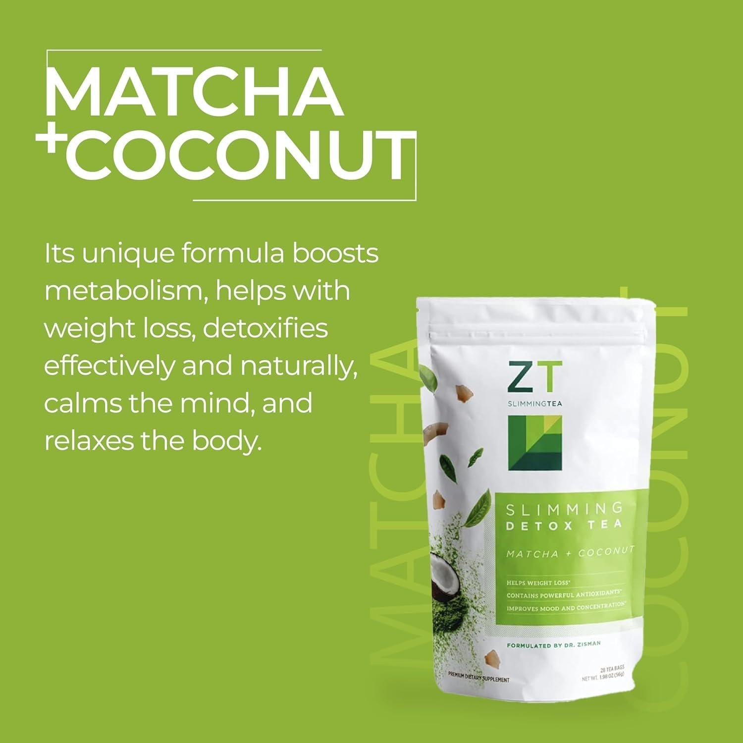 Dr. Zisman ZT Slimming Matcha-Coconut Detox Tea - 28 Tea Bags for Weight Management, Antioxidant Benefits, Mood Enhancement