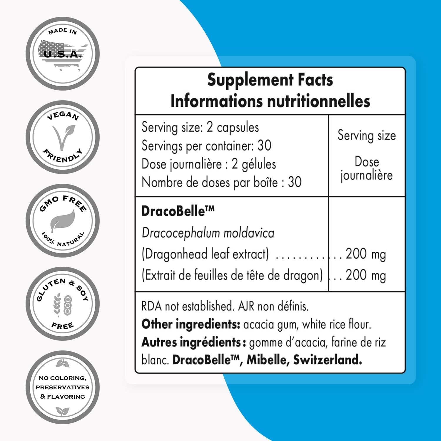 DracoBelle Dragonhead Supplement - 200mg Dragonhead Extract Daily - Patented Formula - Non-GMO, Gluten Free - 60 Capsules