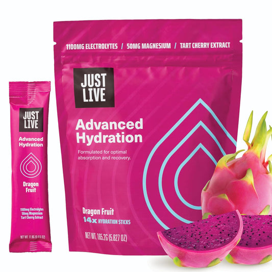 Dragon Fruit Electrolyte Drink Mix - Tart Cherry Extract, Low Sugar, Supports Recovery & Absorption, 14 Pack, Just Live Advanced Hydration