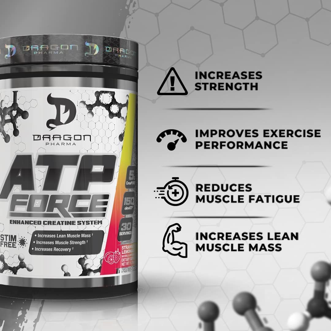 Dragon Pharma ATP Force Enhanced Creatine System - 5g CreaPure, Stim-Free, Boosts Muscle Mass & Recovery, Enhances Blood Flow - 30 Servings
