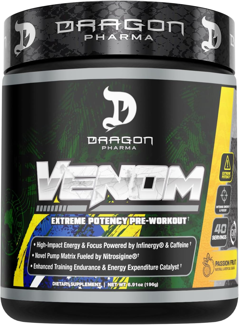DRAGON PHARMA Venom Extreme Potency Pre-Workout Supplement for Laser Focus and Energy Boost, Enhanced Vasodilation and Endurance - Passion Fruit Flavor - 40 Servings