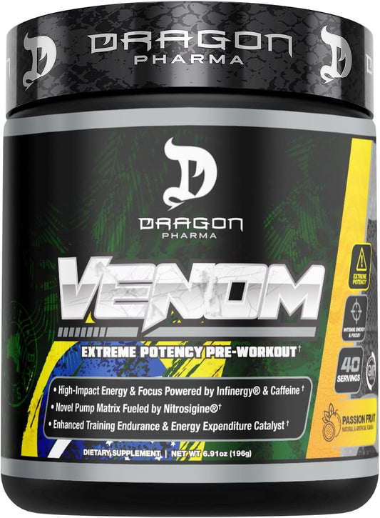 DRAGON PHARMA Venom Extreme Potency Pre-Workout Supplement for Laser Focus and Energy Boost, Enhanced Vasodilation and Endurance - Passion Fruit Flavor - 40 Servings
