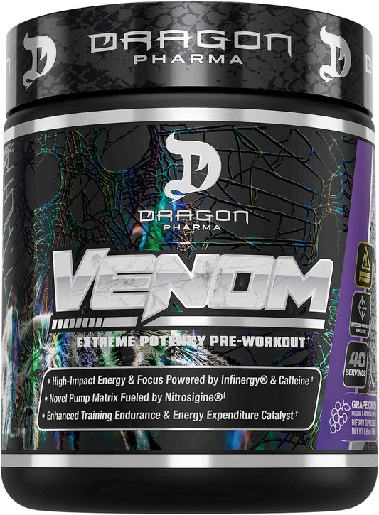 Dragon Pharma Venom Extreme Potency Pre-Workout Supplement - Grape Crush Flavor, Boost Energy & Focus, Enhance Vasodilation & Endurance - 40 Servings