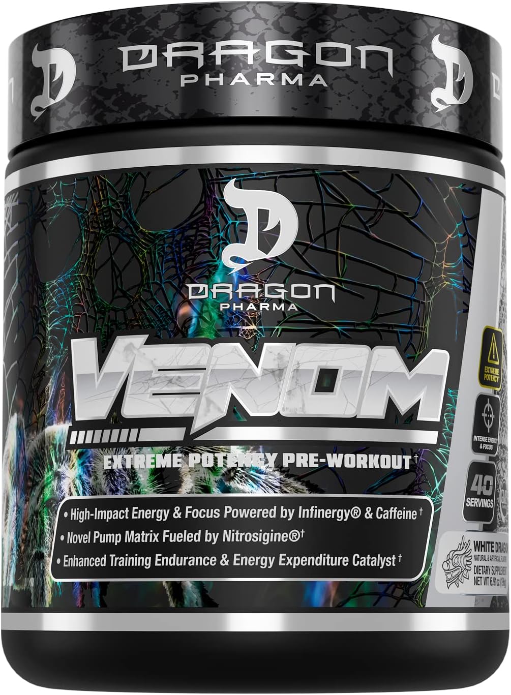 Dragon Pharma Venom Extreme Potency Pre-Workout Supplement with Laser Focus and Energy Boost - Enhance Vasodilation and Endurance with Proven Ingredients - 40 Servings, White Dragon