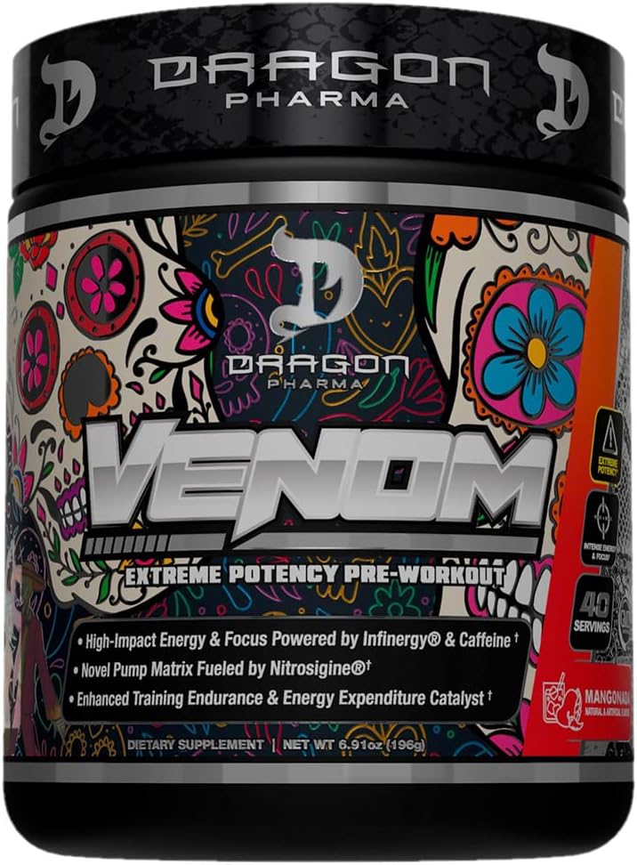Dragon Pharma Venom Extreme Potency Pre-Workout Supplement - Boost Energy, Focus, and Performance with Vasodilation and Endurance Support - Mangonada Flavor - 40 Servings