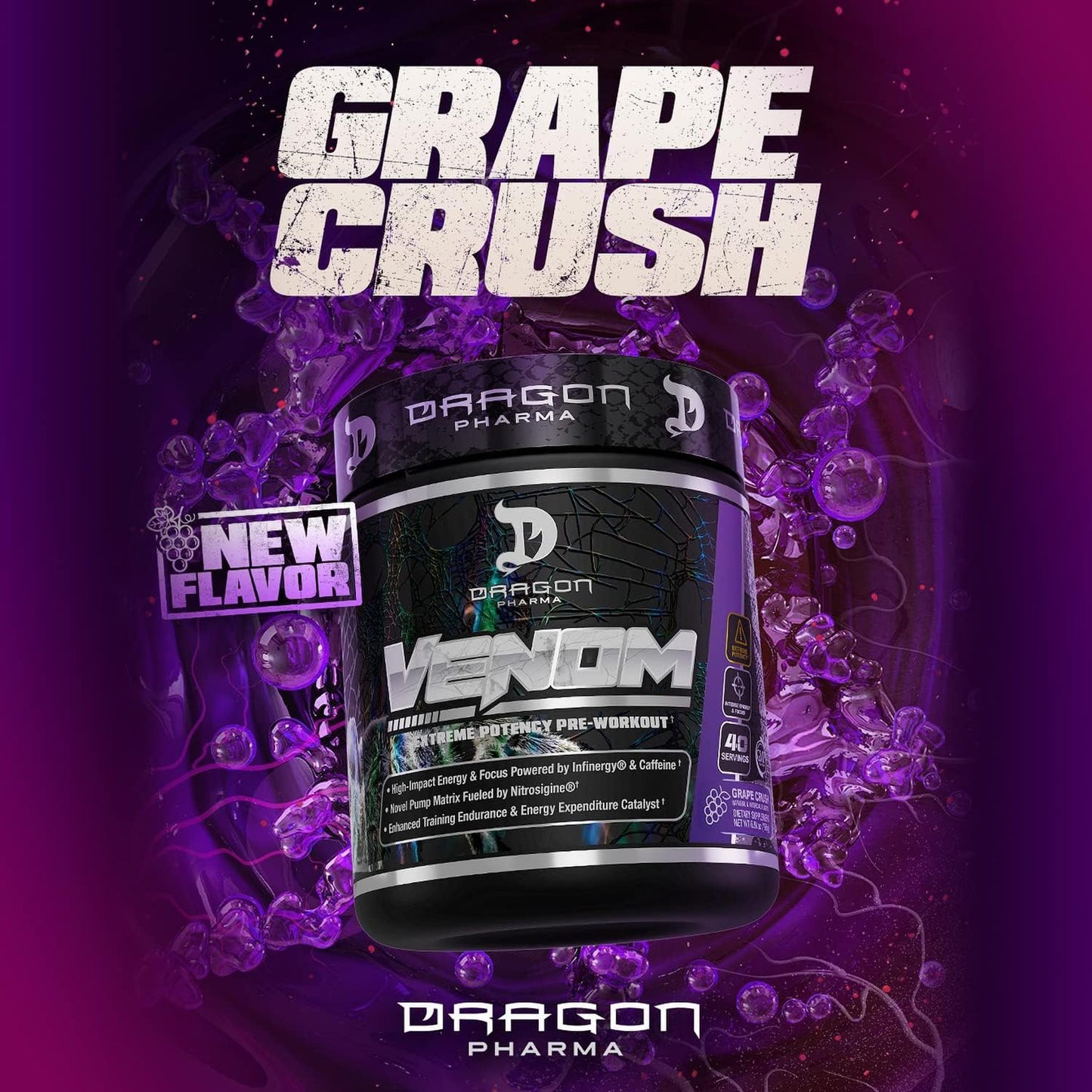 Dragon Pharma Venom Extreme Potency Pre-Workout Supplement - Grape Crush Flavor, Boost Energy & Focus, Enhance Vasodilation & Endurance - 40 Servings