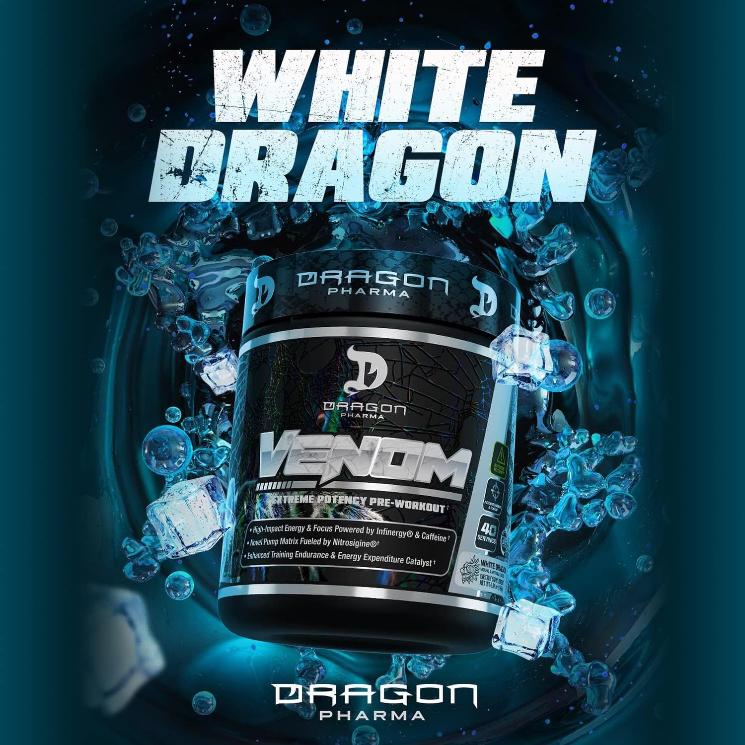 Dragon Pharma Venom Extreme Potency Pre-Workout Supplement with Laser Focus and Energy Boost - Enhance Vasodilation and Endurance with Proven Ingredients - 40 Servings, White Dragon