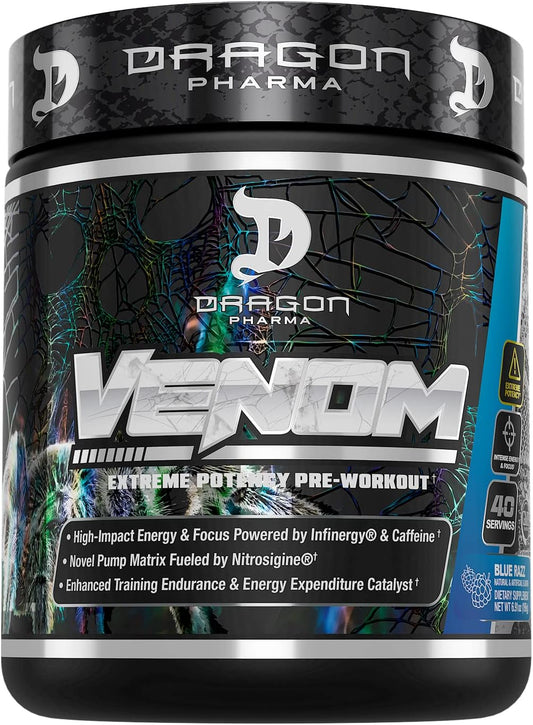 Dragon Pharma Venom Extreme Pre-Workout Supplement - Boost Energy and Endurance with Laser Focus Formula, Blue Raspberry Flavor