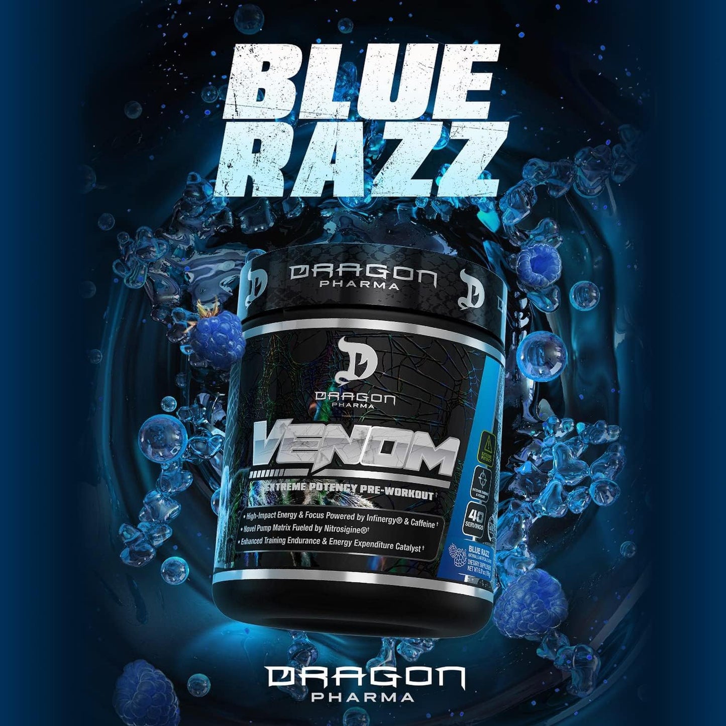 Dragon Pharma Venom Extreme Pre-Workout Supplement - Boost Energy and Endurance with Laser Focus Formula, Blue Raspberry Flavor