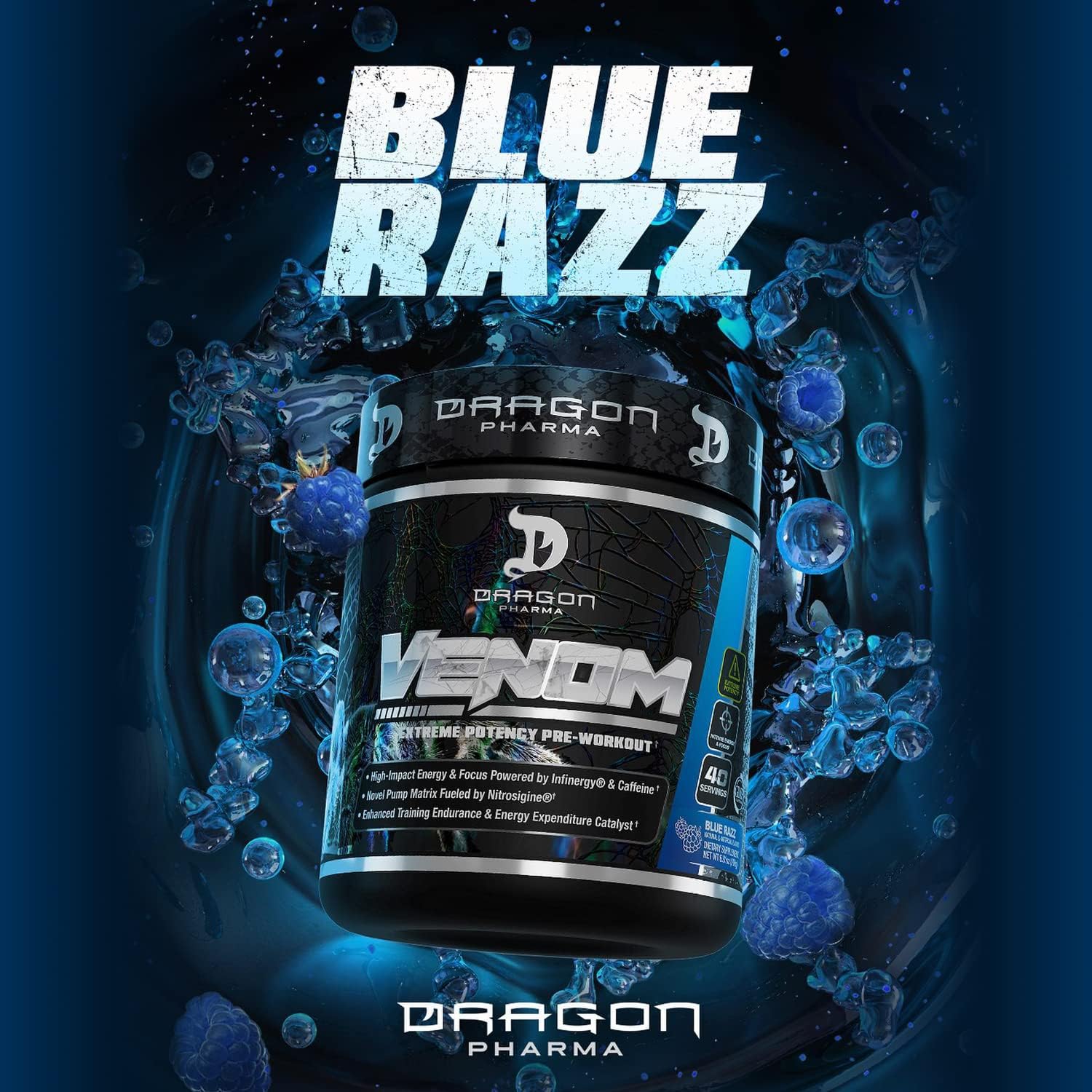Dragon Pharma Venom Extreme Pre-Workout Supplement - Boost Energy and Endurance with Laser Focus Formula, Blue Raspberry Flavor