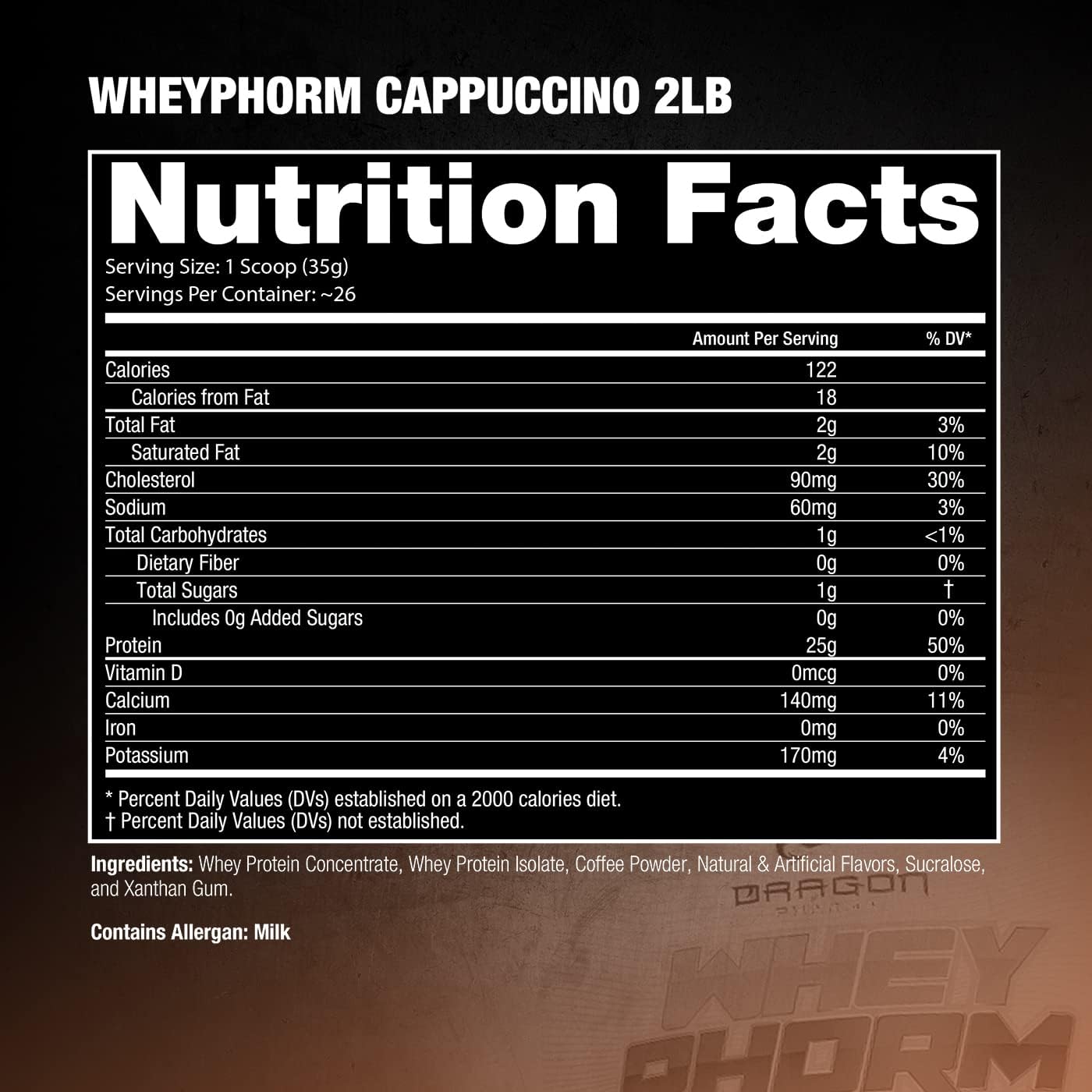 Dragon Pharma Whey Protein Blend: Fast Absorption, Gluten Free, 100% Whey Protein, WheyPhorm, Maximize Recovery, Cappuccino Flavor - 26 Servings, 25g Protein
