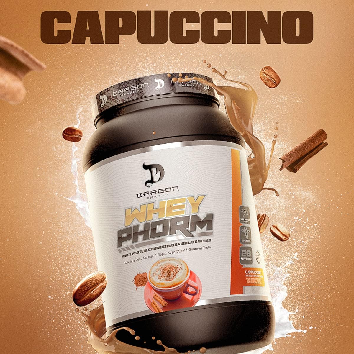 Dragon Pharma Whey Protein Blend: Fast Absorption, Gluten Free, 100% Whey Protein, WheyPhorm, Maximize Recovery, Cappuccino Flavor - 26 Servings, 25g Protein