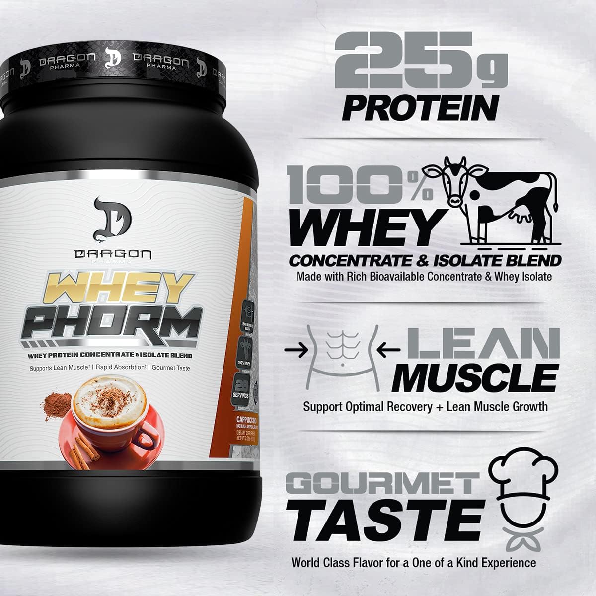 Dragon Pharma Whey Protein Blend: Fast Absorption, Gluten Free, 100% Whey Protein, WheyPhorm, Maximize Recovery, Cappuccino Flavor - 26 Servings, 25g Protein