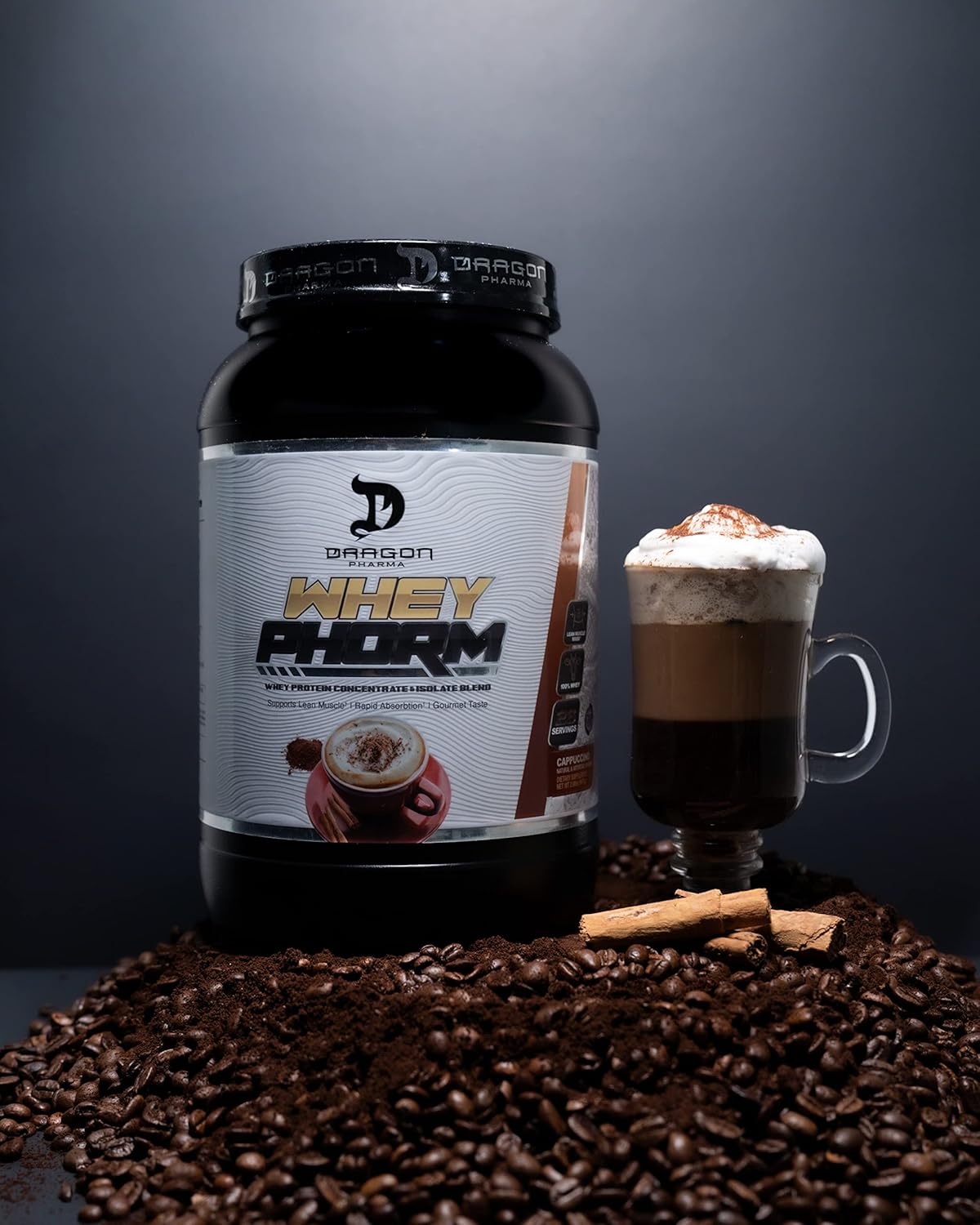 Dragon Pharma Whey Protein Blend: Fast Absorption, Gluten Free, 100% Whey Protein, WheyPhorm, Maximize Recovery, Cappuccino Flavor - 26 Servings, 25g Protein