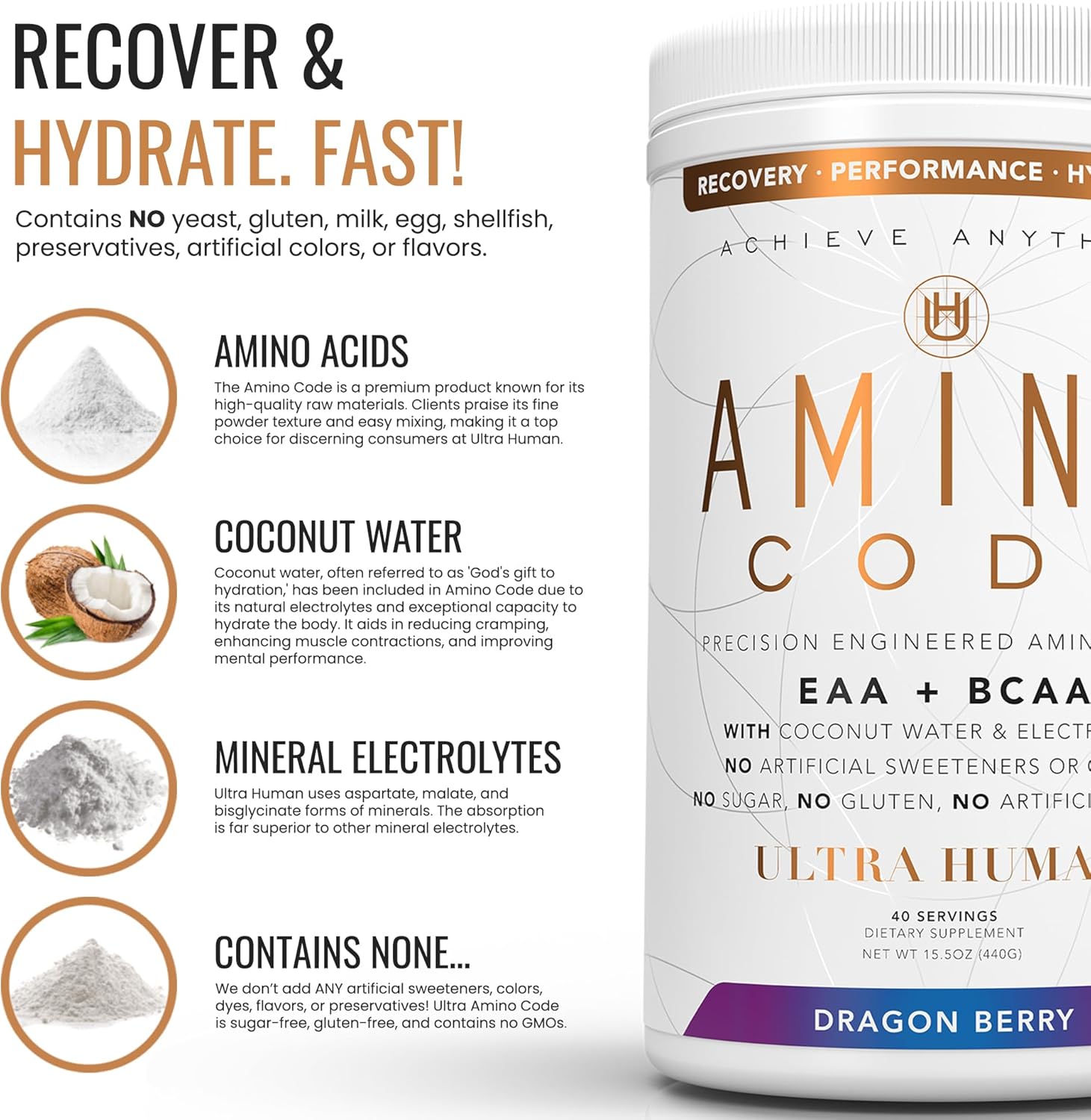 Dragonberry Amino Energy Powder Drink | Essential Amino Acids + BCAAs + Electrolytes | Fast Workout Recovery & Hydration | Clean Formula, 40 Servings