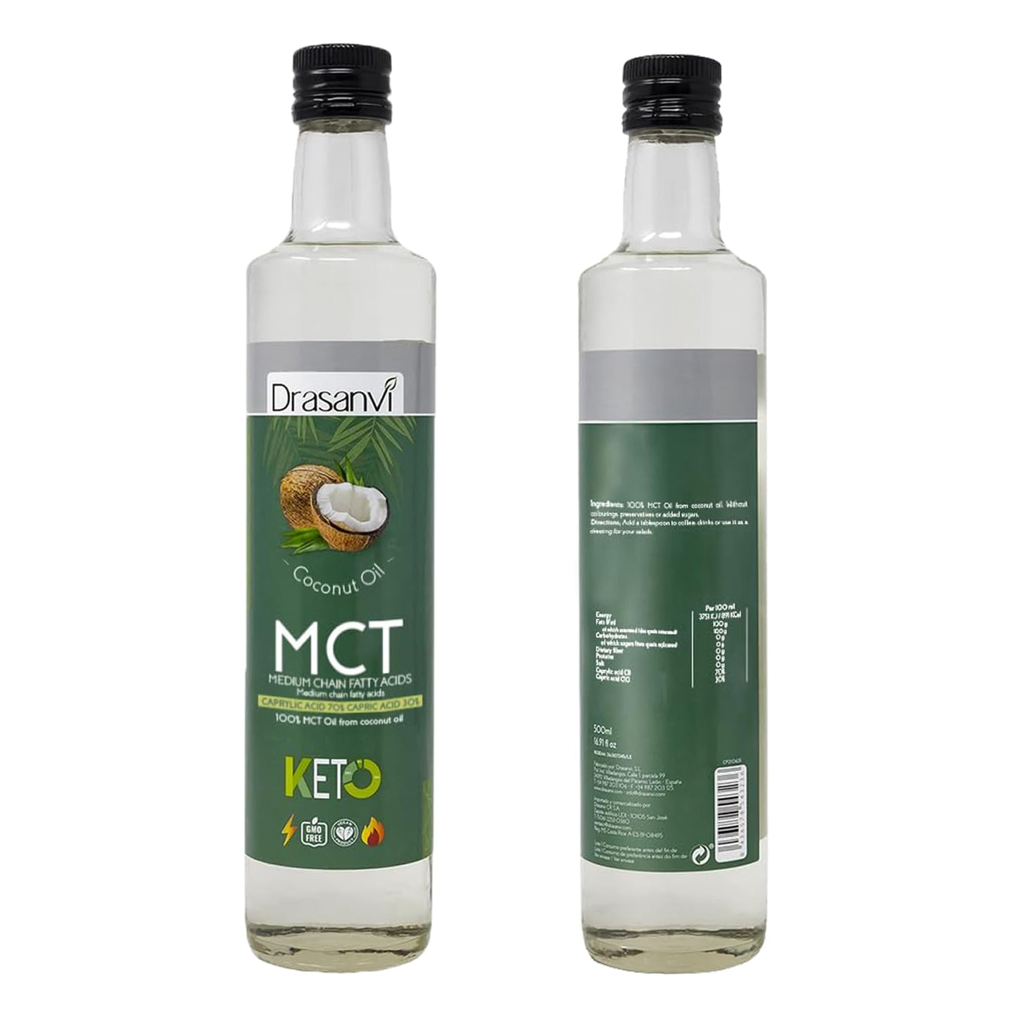 DRASANVI Coconut Oil MCT 500ml - Keto Dietary Supplement - Natural Fatty Acids - Eco Friendly for Food & Drink
