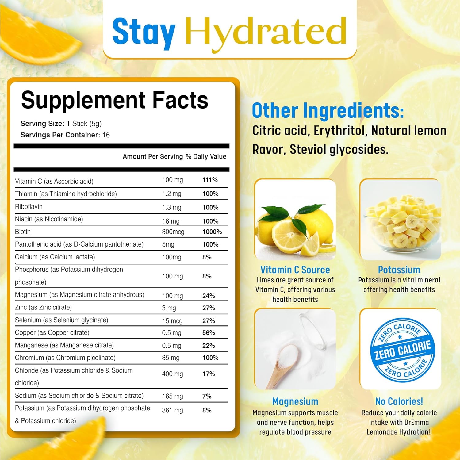 DrEmma Lime-Lemonade Electrolyte Powder Packets - Zero Calorie Energy Drink Mix for Fasting - 16 Hydration Sticks