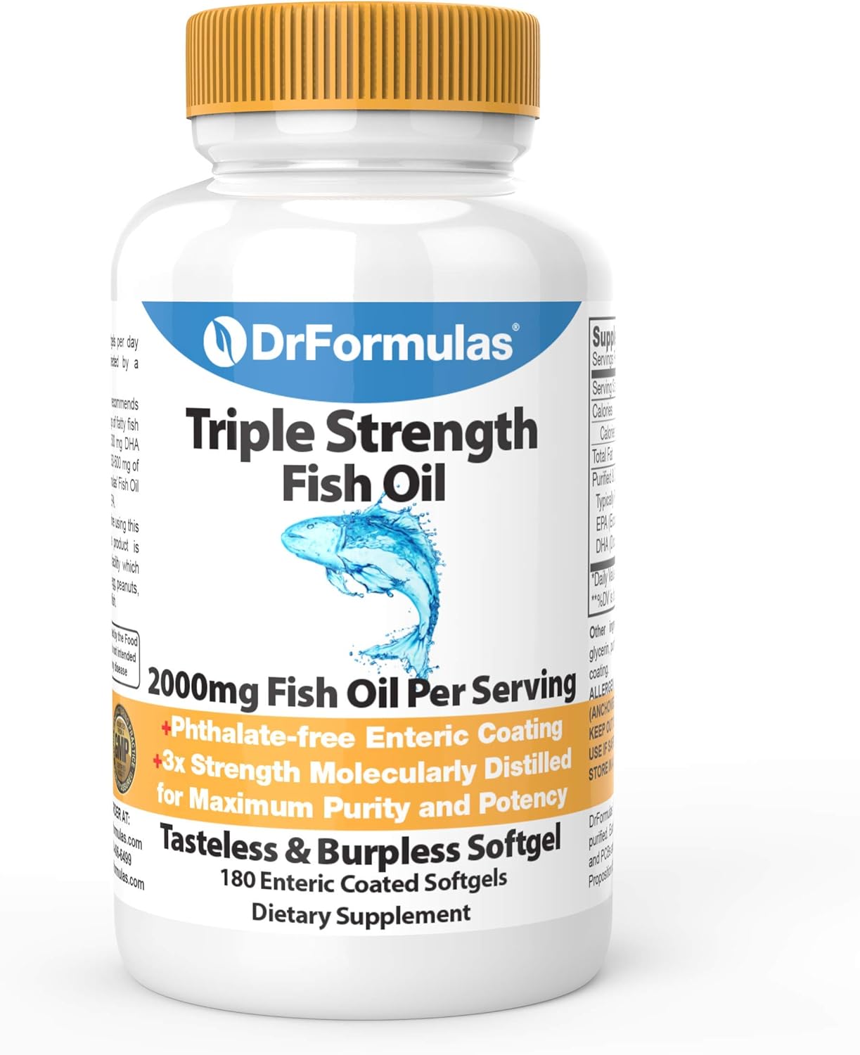 DrFormulas 2000mg Triple Strength Omega 3 Fish Oil with EPA and DHA, 180 Softgels for No Burping