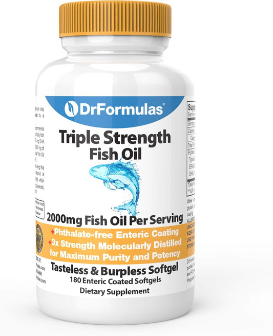 DrFormulas 2000mg Triple Strength Omega 3 Fish Oil with EPA and DHA, 180 Softgels for No Burping