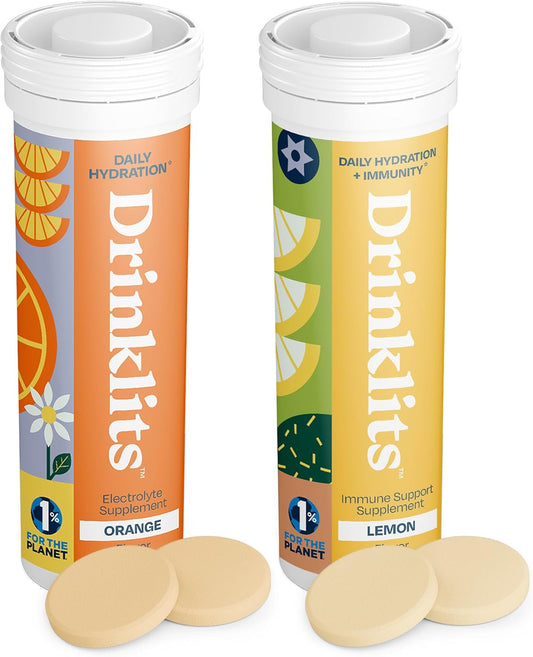 Drinklits Combo Pack: Orange Electrolyte Hydration & Lemon Immunity Tablets - 20 Servings, Gluten Free & Great Taste