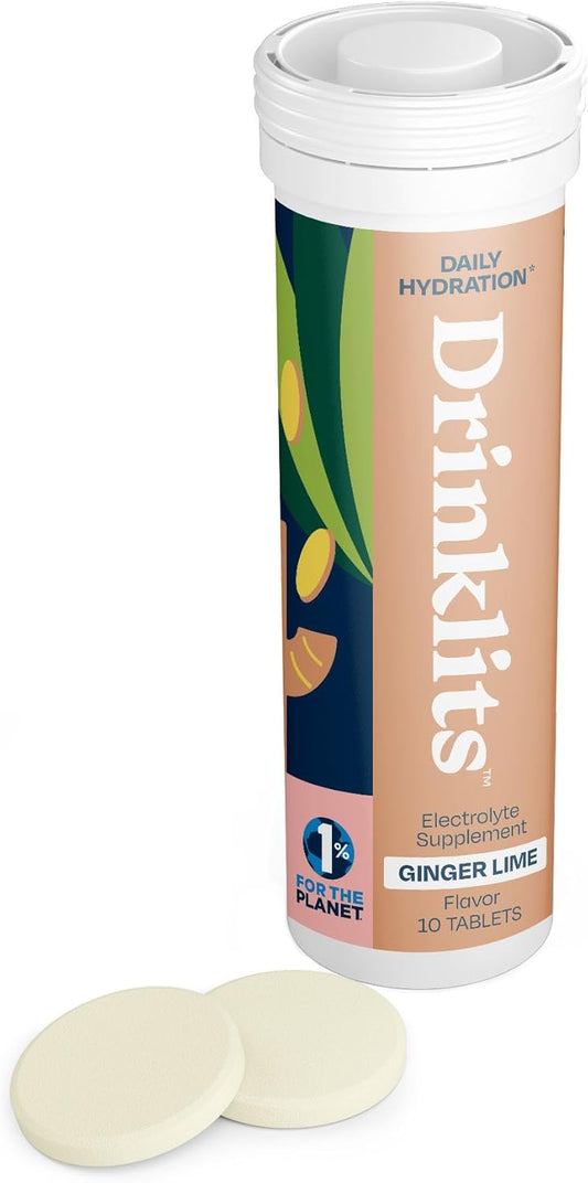 Drinklits Ginger Lime Electrolyte Tablets: Sugar-Free Hydration Solution with Essential Electrolytes - 10 Tablets