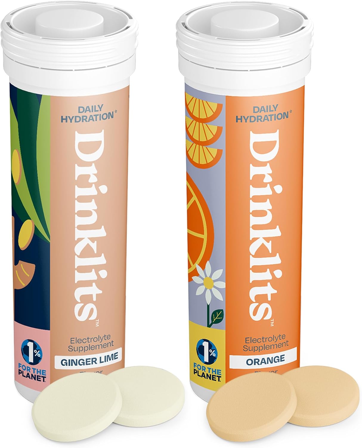 Drinklits Hydration Tablets - Electrolytes & Vitamins in Ginger-Lime and Orange Flavors - 2 Pack (20 Servings)